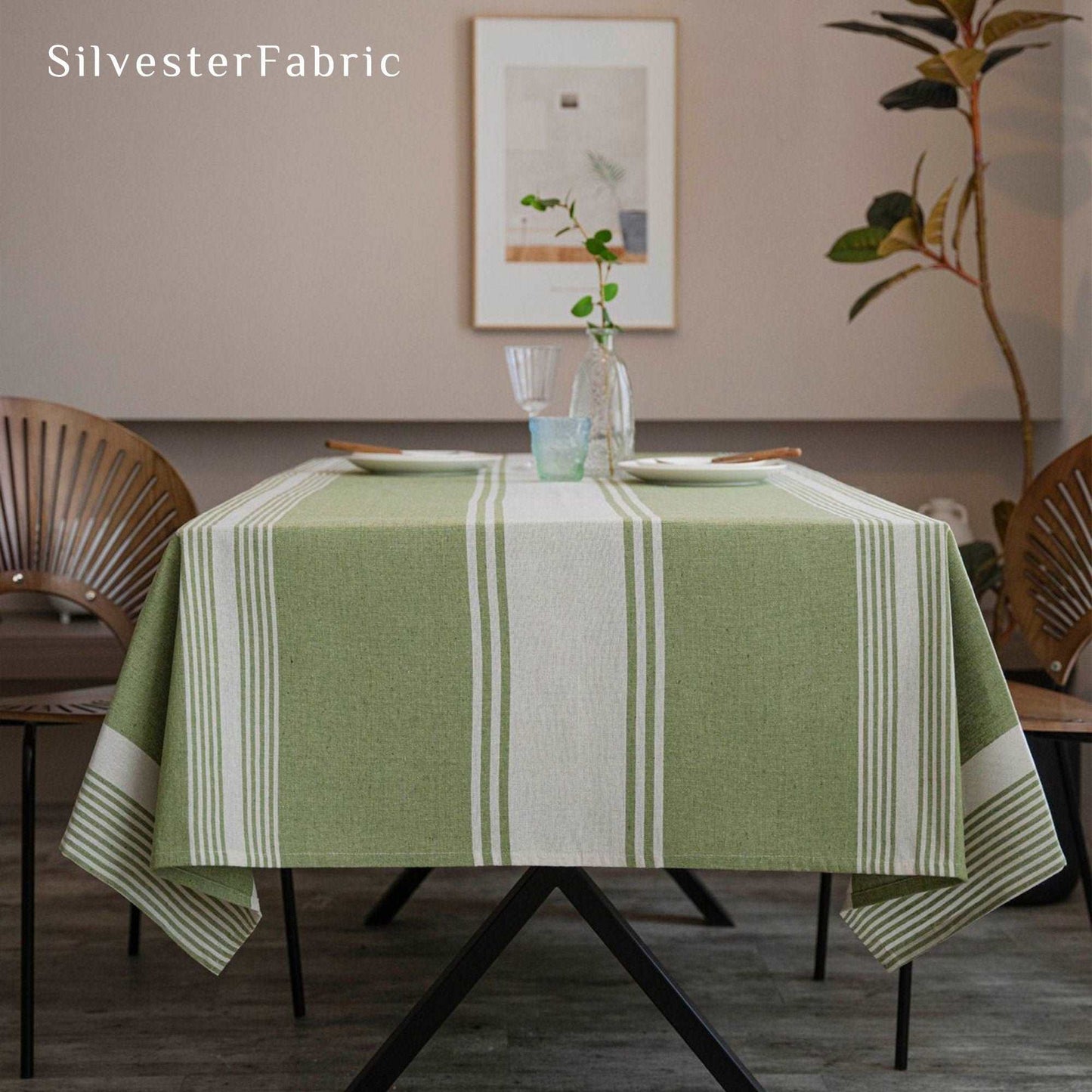 Green Vintage Striped Cotton Linen Farmhouse Rectangle Tablecloths