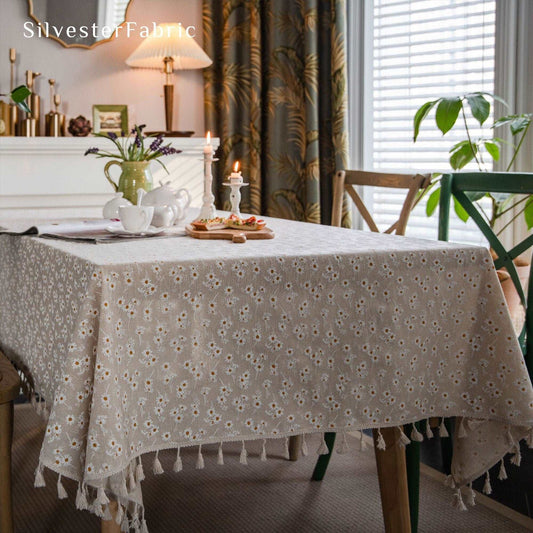 Daisy Printed French Outdoor Party Cotton Linen Rectangle Tablecloths