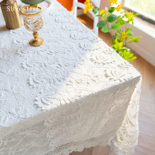 French White Court Luxury Vintage Embroidered Floral Cotton Wedding Tablecloths