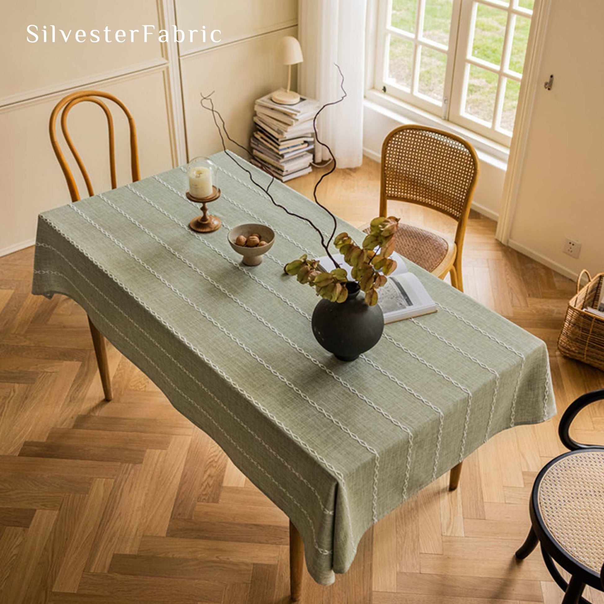 Green Striped Embroidered French Farmhouse Linen Rectangle Tablecloths