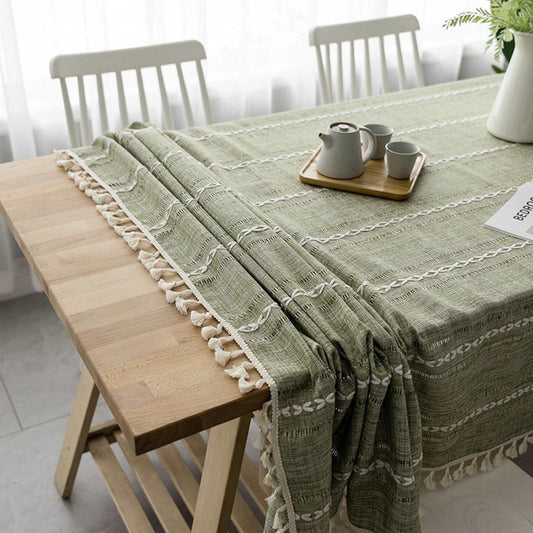 Striped French Rectangle Outdoor Embroidered Linen Green Tablecloths