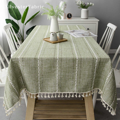 Striped French Rectangle Outdoor Embroidered Linen Green Tablecloths