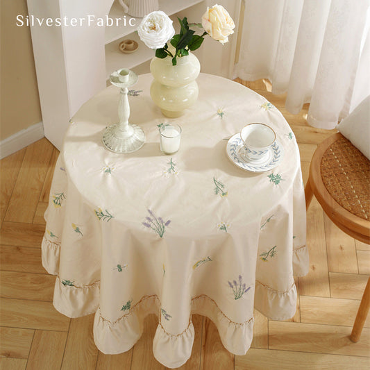 French Floral Embroidered Cotton Ruffles Outdoor Rectangle Tablecloths
