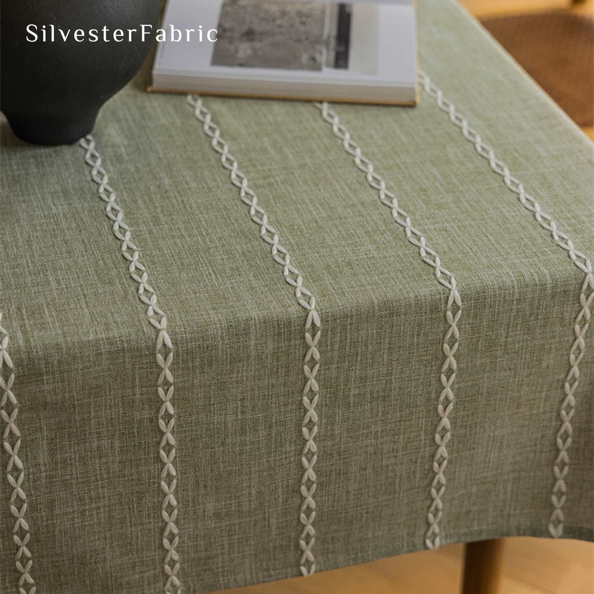 Green Striped Embroidered French Farmhouse Linen Rectangle Tablecloths