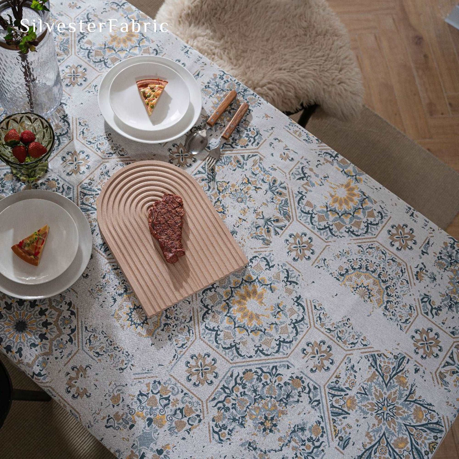Spring Vintage Geometric Textured Floral Print French Linen Tablecloths
