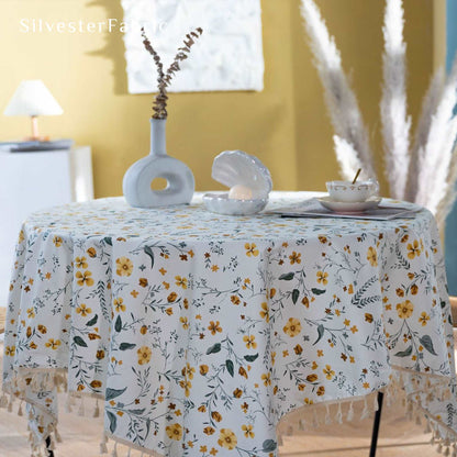 French Country Yellow Petal Floral Print Cotton Rectangle Tablecloth