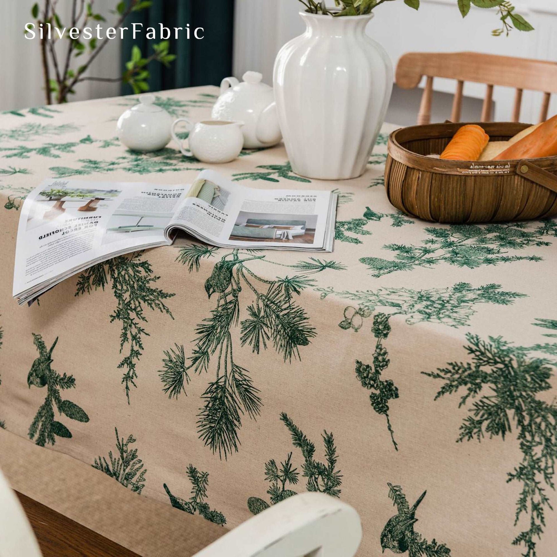 French Green Pine Tree And Bird Print Rectangle Linen  Tablecloths