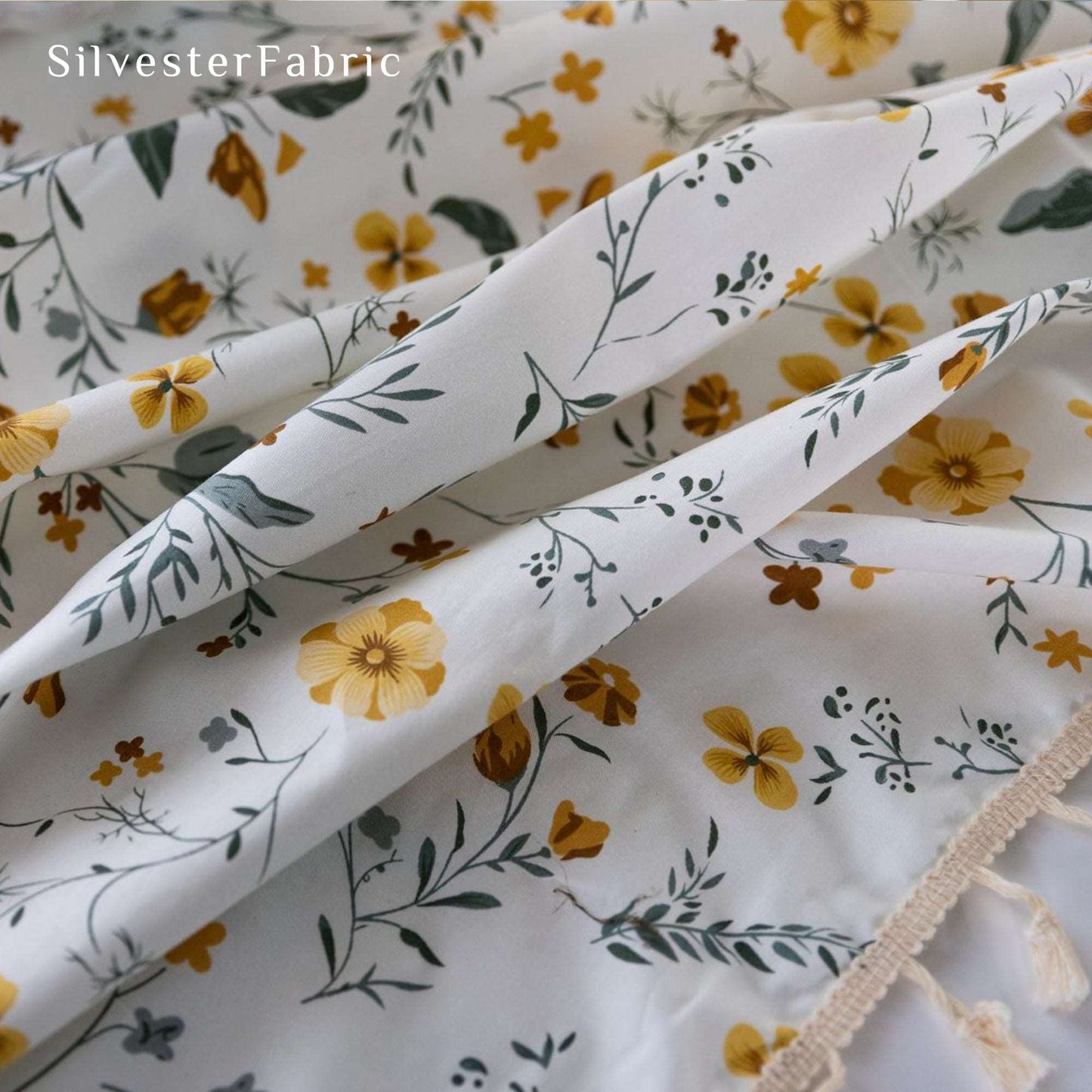 French Country Yellow Petal Floral Print Cotton Rectangle Tablecloth