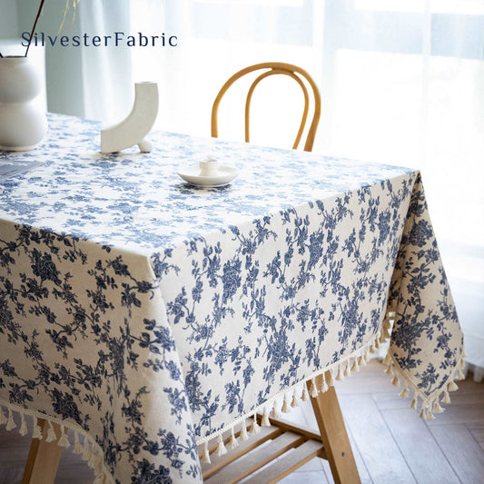 Vintage Blue Floral Tablecloth丨Farmhouse Decor - Silvester Fabric
