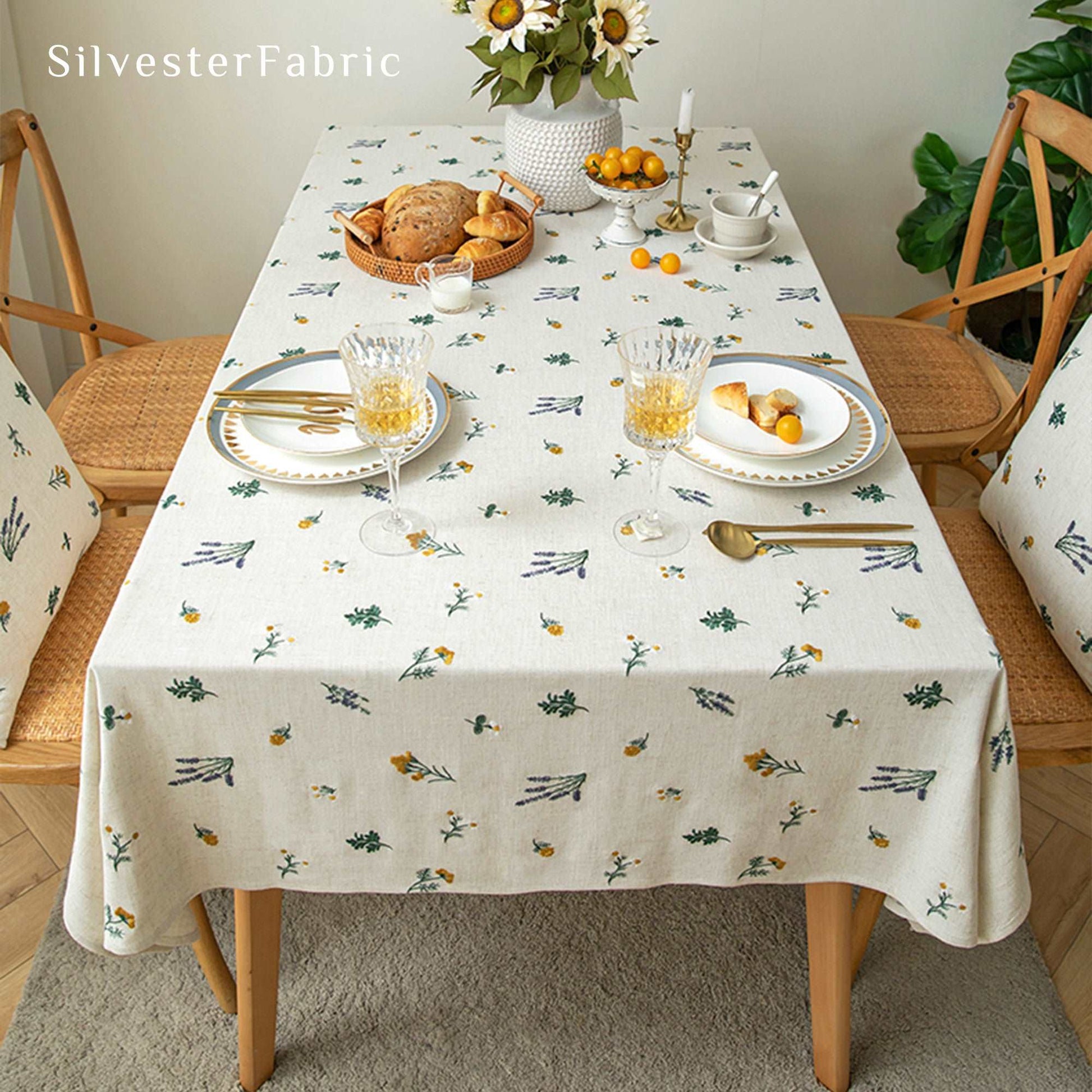 Embroidered French Vintage Cotton Linen Floral Rectangular Tablecloths