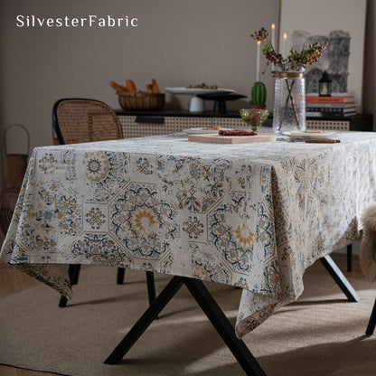 Spring Vintage Geometric Textured Floral Print French Linen Tablecloths