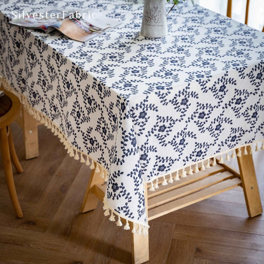 Blue Vintage Floral Tablecloth for Rectangle - Silvester Fabric