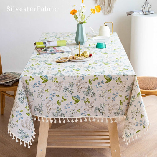 Green Floral Tablecloth丨Rectangular Linen Tablecloth