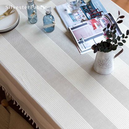Striped Line Embroidered Cotton Linen Rectangle Outdoor Tablecloths